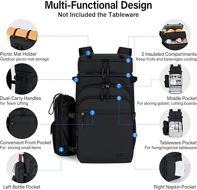 Hanke Backpack Cooler, 40 Cans Soft Leak Proof Picnic Backpack, Portable 2 Insulated Compartments Cooler Backpack Water Resistant for Lunch Beach Travel Camping Picnic Hiking,Black