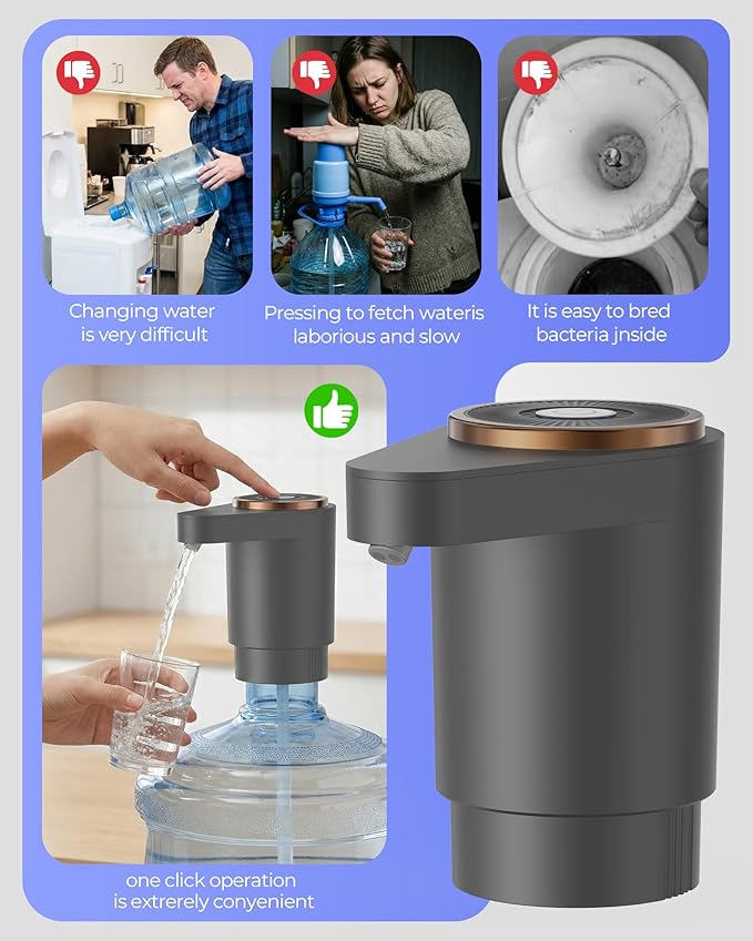 Water Jug Pump for 5 Gallon Bottle – Portable Electric USB-C Charging Dispenser, Dual Powerful Motors, Fast Flow, Fits 2-5 Gallon Jugs – Ideal for Home, Office, Camping, RV, Gray