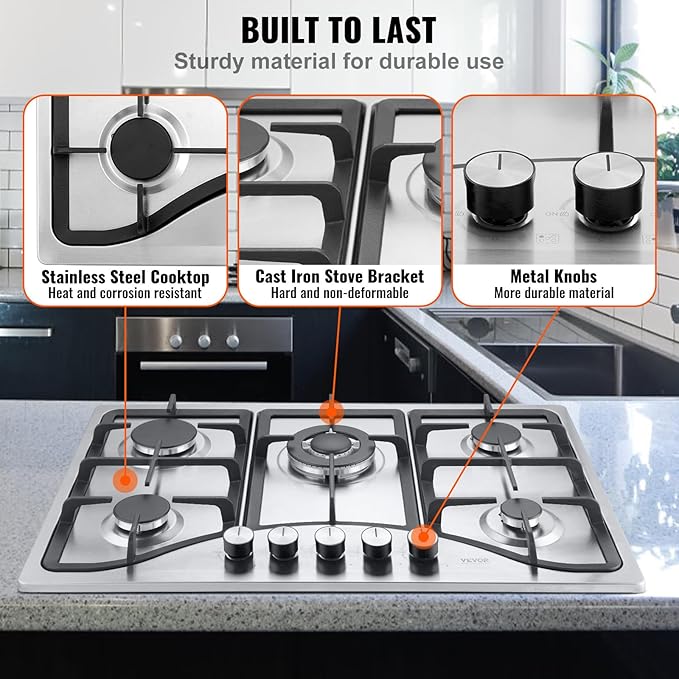 VEVOR 30-inch Gas Cooktop, 5 Burners Built-in Gas Stove Top, Max 12250BTU NG/LPG Convertible Stainless Steel Cooktops, with Thermocouple Protection for Camping, RV, Apartment