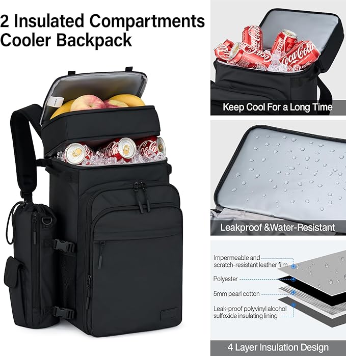 Hanke Backpack Cooler, 40 Cans Soft Leak Proof Picnic Backpack, Portable 2 Insulated Compartments Cooler Backpack Water Resistant for Lunch Beach Travel Camping Picnic Hiking,Black