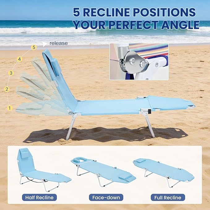 LILYPELLE Portable Folding Camping Cot, Adjustable 5-Position Face Down Folding Chaise Lounge Chairs, Outdoor Portable Bed Sleeping Cot for Camping, Pool, Beach, Patio