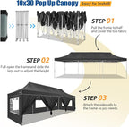 HOTEEL 10x30 Heavy Duty Pop up Canopy Tent for Parties with 8 Sidewalls, Easy Setup Outdoor Commercial Instant Gazebo for Wedding Event, with Portable Bag & Sand Bags, Black(Hexagonal Frame)
