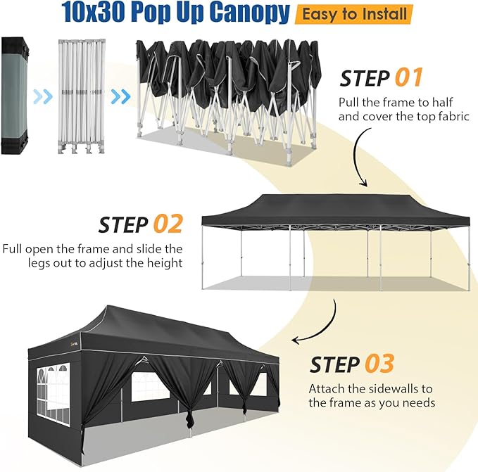 HOTEEL 10x30 Heavy Duty Pop up Canopy Tent for Parties with 8 Sidewalls, Easy Setup Outdoor Commercial Instant Gazebo for Wedding Event, with Portable Bag & Sand Bags, Black(Hexagonal Frame)