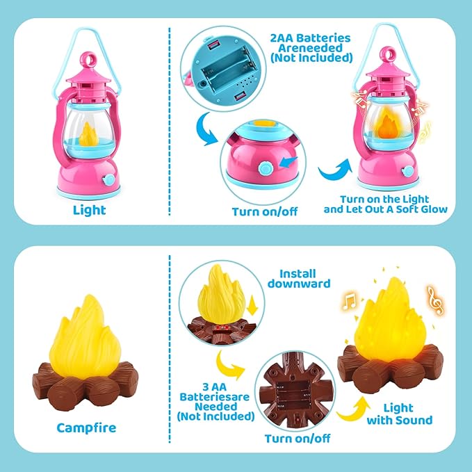 Kids Camping Toys Set 50 PCS with Campfire, BBQ Grill, Food Toy and Lantern Kids Camping Gear with Storage Bag for Pretend Play, Outdoor Indoor Learning, Christmas Birthday Gift for Toddlers Ages 3-5