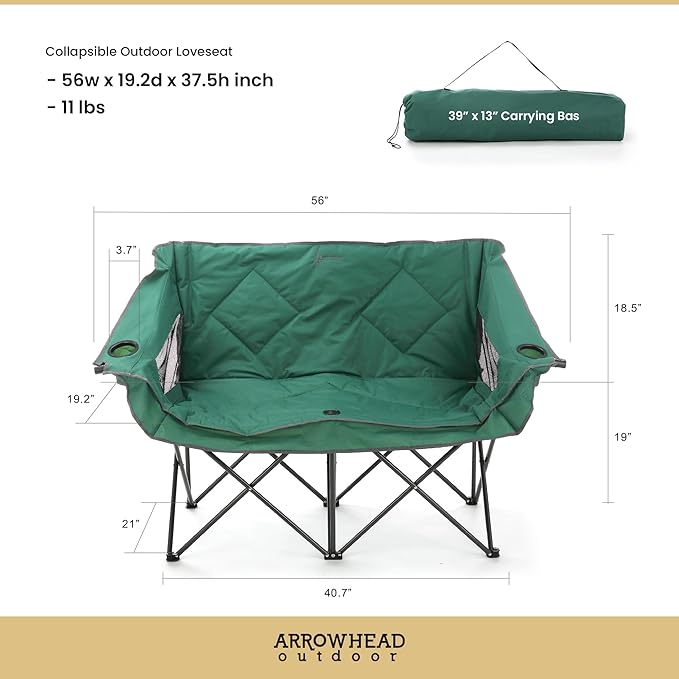 ARROWHEAD OUTDOOR Portable Folding Double Duo Camping Chair Loveseat w/ 2 Cup & Wine Glass Holder, Carrying Bag, Supports up to 500lbs