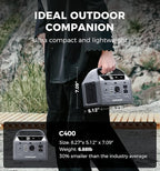 C400 256Wh Portable Power Station | 400W (800W Surge) Pure Sine Wave AC Outlet + PD3.0 USB-C | Solar Generator for Camping, Emergencies, CPAP