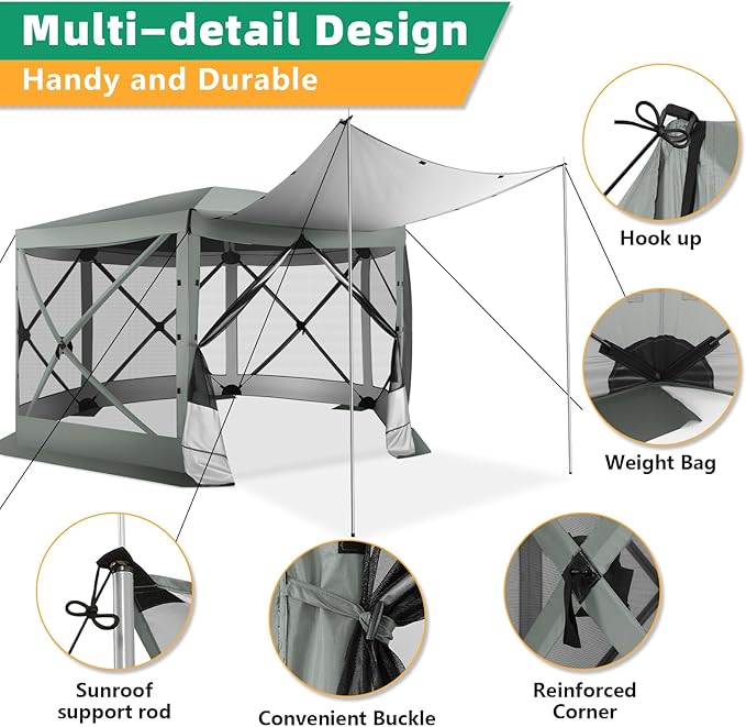 COBIZI 12x12FT Pop Up Gazebo Screen Tent Screen House for Camping, Camping Outdoor Screened Gazebo with Sidewalls, Portable Hub Tent Instant Screened Canopy with Carrying Bag and Ground Stakes, Gray