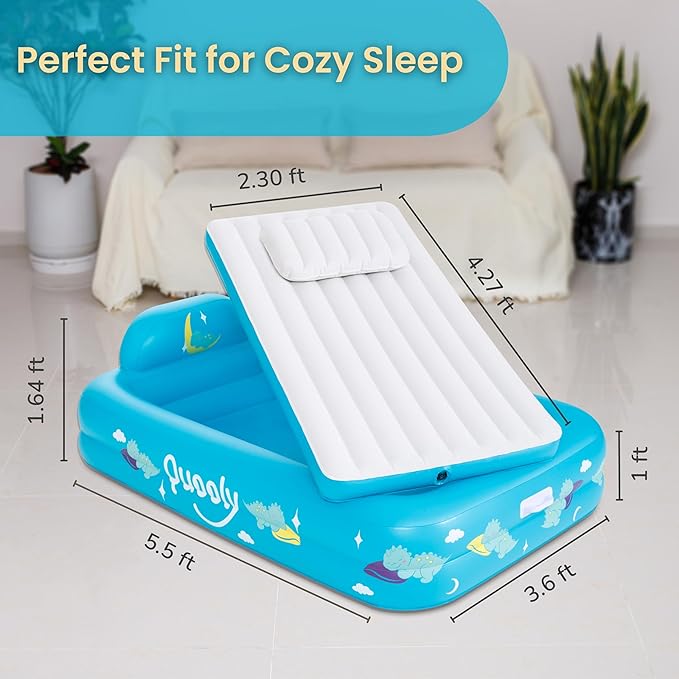 Inflatable Toddler Travel Bed with Electric Pump – Portable Toddler Bed & Toddler Air Mattress for Kids 2-7, Blow Up Bed for Camping, Travel & Sleepovers with Safety Bumpers