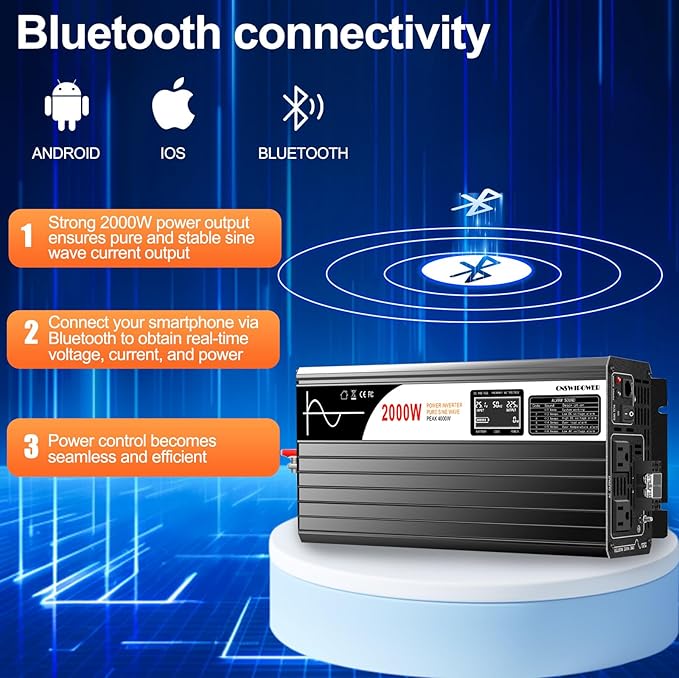2000W Pure Sine Wave lnverter, Car Power lnverter 48V to 120V Ac Converter for Rv, Truck, Surge 4000W, (Range 40V-60V) Hardwire Port, Bluetooth
