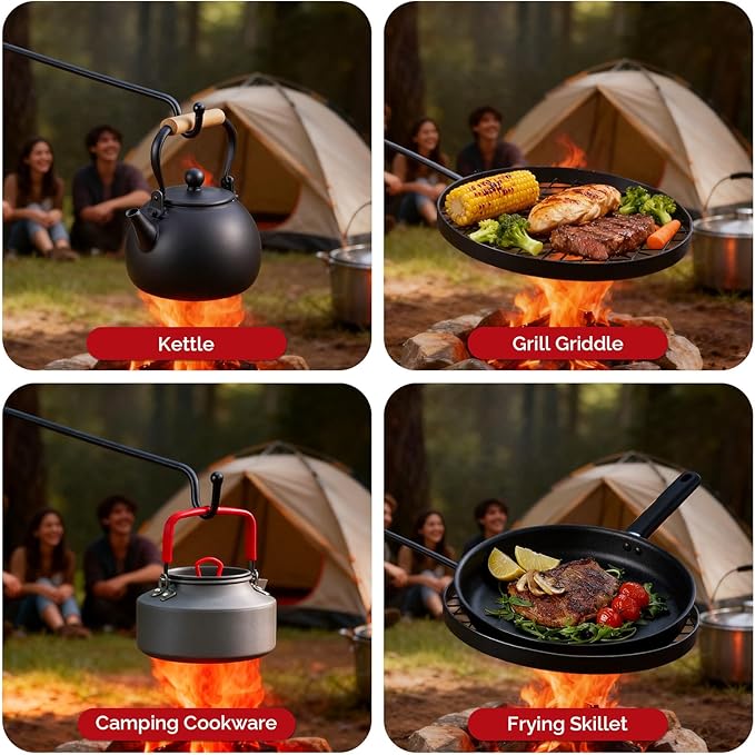 VINGLI Swivel Camping Firepit Grill, Foldable Campfire Steel Grate w/Griddle & Storage Bag, 360° Adjustable, Open Fire Outdoor Cooking Equipment, Parties, Activities, Families Use 30'' x 13'' x 48''