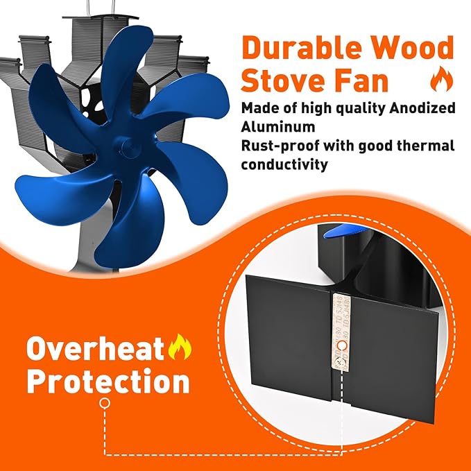 Sckee Wood Stove Fan, Heat Powered Fireplace Fan with Bracket Compatible for Propane Log Burner Wood Burning Stove Accessory for Camping Outdoor Indoor Use (Blue)