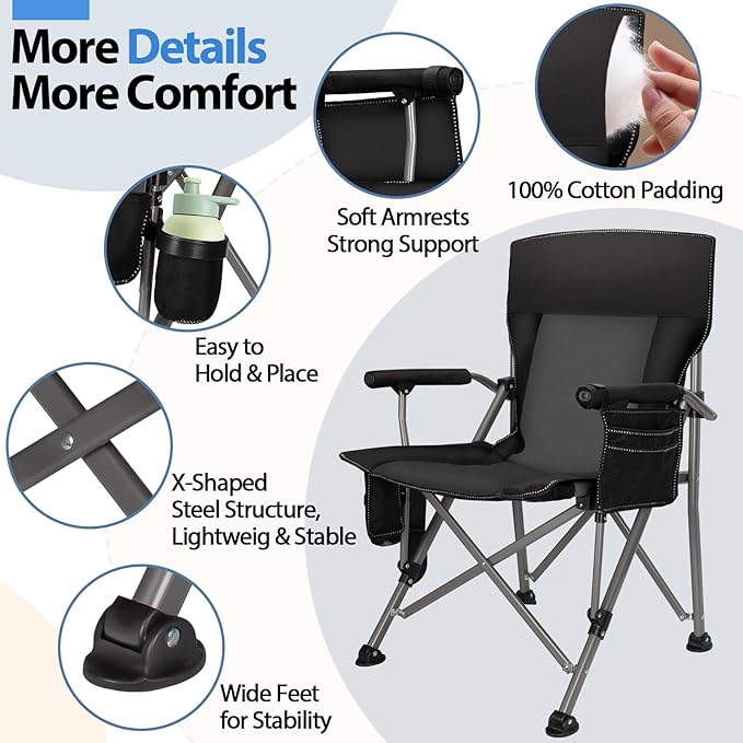 Heated Camping Chair with 20,000 mAh Battery, Loog-Lasting for 500 Mins, Fully Padded Heated Camp Chairs, Heavy Duty Folding Chairs Supports 500 lbs for Winter Camping, Picnics, Tailgating, RV Travel