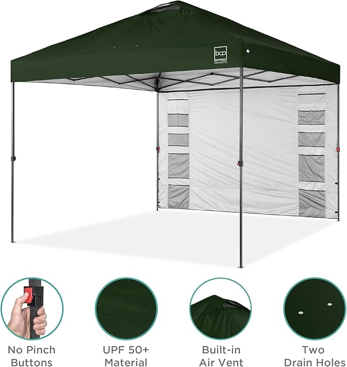 Best Choice Products 10x10ft Pop Up Canopy Tent with Sidewall, 1 Person 1 Minute Set Up, Carry Case, 4 Weight Bags - Dark Green