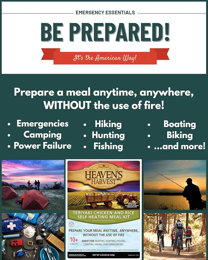 Heaven's Harvest Self-Heating Emergency Meal Kit (10 Year Shelf Life) — Tastier than MRE Meals & Ready-To-Eat in Minutes! Just add water to activate the “cooking” process. (Teriyaki Chicken) (Single)