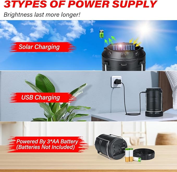 Solar Camping Lantern 4-Pack - Rechargeable LED Lights, Magnetic Base & Foldable Hanging Hook- Collapsible Lamp Battery Powered Perfect for Power Outages, Hiking, Campsites, Emergencies