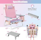 GYMAX Beach Chairs, Backpack Camping Chair with Armrest, Cooler Bag, Cup Holder, Towel Bar & Side Pockets, Sunbath Sling Tanning Lounge, Folding Layout Chair (with Table, Pink)