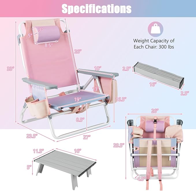 GYMAX Beach Chairs, Backpack Camping Chair with Armrest, Cooler Bag, Cup Holder, Towel Bar & Side Pockets, Sunbath Sling Tanning Lounge, Folding Layout Chair (with Table, Pink)