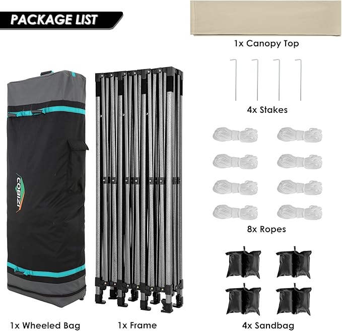 COBIZI 10x30 Pop up Canopy, Heavy Duty Outdoor Party Tents for Parties, Easy up UPF 50+ Waterproof Commercial Canopy with Wheeled Bag can fold, Khaki(Windproof Upgraded)