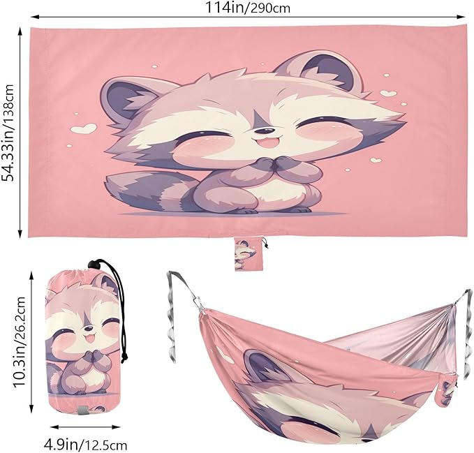 Cartoon Raccoon Pink Camping Hammocks with Tree Straps Indoor Hammock for Outside Patio Backyard Poolside