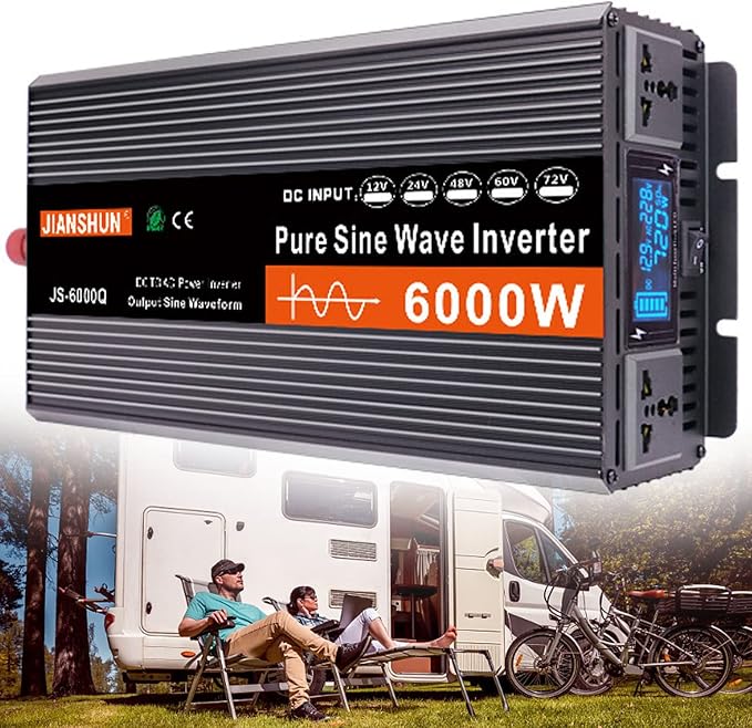 High Efficiency 3000W 4000W 5000W 6000W Pure Sine Wave Power Inverter DC 12V/24V to AC 220V 230V 240V Converter Solar Power Inverter with AC Outlets & LCD Display for Home Camping,6000W-12V