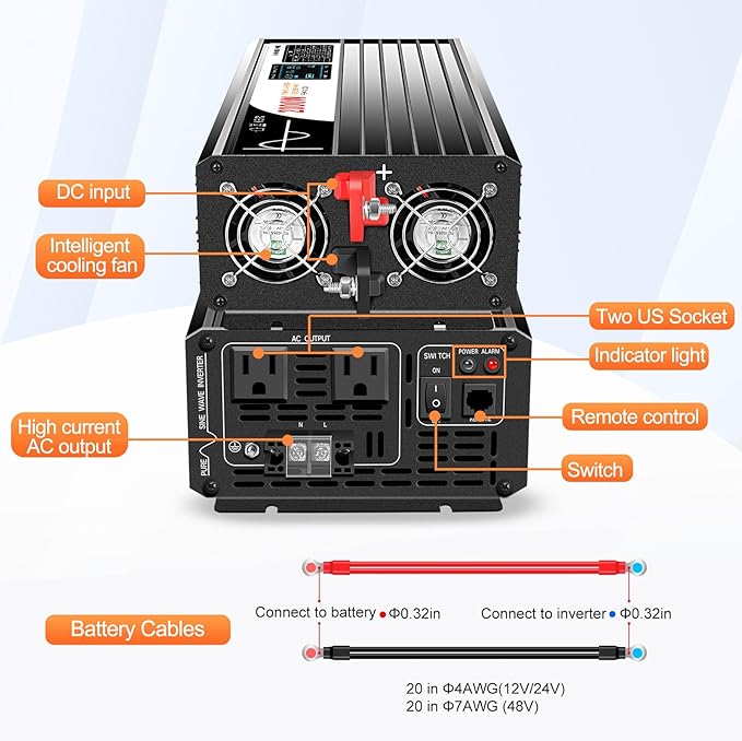2000W Pure Sine Wave lnverter, Car Power lnverter 48V to 120V Ac Converter for Rv, Truck, Surge 4000W, (Range 40V-60V) Hardwire Port, Bluetooth