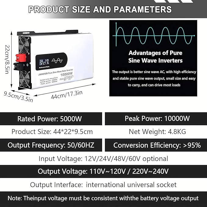 5000-12000w Pure Sine Wave Inverter Camping Inverter Portable Power, DC 12 V, 24 V, 48 V, 60 V, 72 V a CA 110 V for Home/RV/Truck/Car/Camping/Solar 24V-10000W