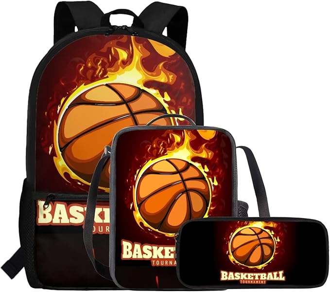 Rnyleeg Basketball Backpack for Boys Cool School Backpack with Lunch Box 3 Pcs Bookbag Set for Elementary Students Back to School Gifts for Kids