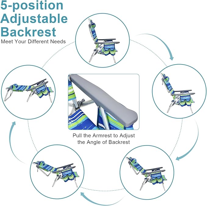 GYMAX Beach Chairs, Backpack Camping Chair with Armrest, Cooler Bag, Cup Holder, Towel Bar & Side Pockets, Sunbath Sling Tanning Lounge, Folding Layout Chair (4 Chairs Without Table, Blue Stripe)