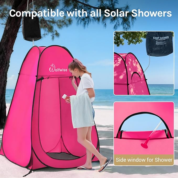 Wolfwise Pop Up Shower Tent, Portable Instant Changing Tent with Ventilation Window & Carry Bag, Privacy Bathroom Toilet for Beach, Camping & Outdoor, Width 47 ", Height 75 ", Rose Red