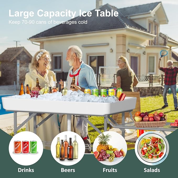 Ice Cooler Table with Led Light, 4 Foot Outdoor Ice Table with Foldable Extension Stand, Matching Skirt & Drain Hose, Folding Cooler Tables with Metal Shelf for Party, BBQ, Camping Picnic