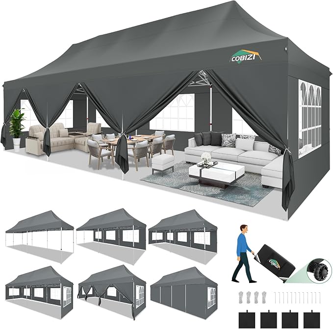 COBIZI Canopy Tent 10x30 Pop Up Canopy with 8 Removable Sidewalls Party Tents for Parties Wedding Patio Commercial Waterproof and UV50+ Ez Outdoor Instant Gazebo with Roller Bag & 4 Sandbags(Grey