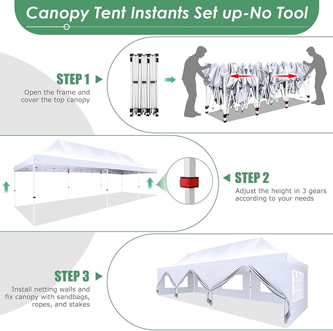 COBIZI Canopy Tent 10x30 Pop Up Canopy with 8 Removable Sidewalls Party Tents for Parties Wedding Patio Commercial Waterproof and UV50+ Ez Outdoor Instant Gazebo with Roller Bag & 4 Sandbags（White
