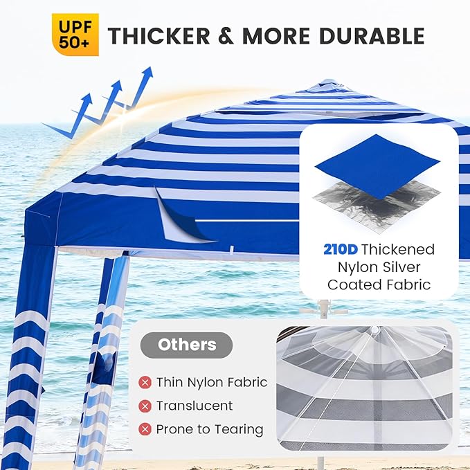 Zeraty Beach Cabana 8'×8', Portable Beach Canopy with Side Wall, Easy Pop Up UPF 50+ Silver-Coated Beach Tent Sun Shelter, Wind Resistant Adjustable Height Beach Umbrella Tent for Family, Navy Blue
