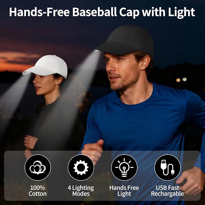 Taximi Unsex LED Baseball Cap, USB Rechargeable Baseball Cap with Light, Adjustable LED Hat Light for Fishing Jogging Camping
