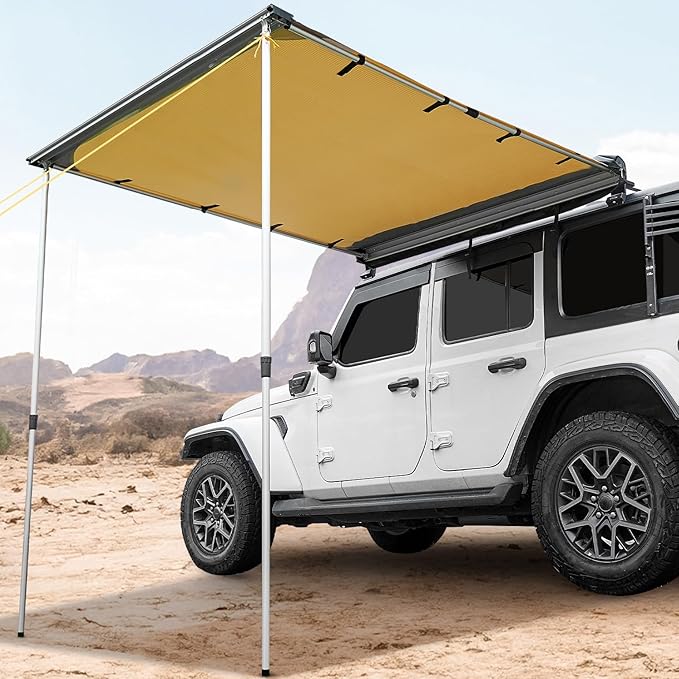 JOYTUTUS Vehicle Awning 4.6'x6.6' Roof Rack Pull-Out Sun Shade UV50+, Weatherproof 4x4 Side Awning for Camping, Car Sunshade with Adjustable Hardware, Quick Set-up, SUV/Truck/Van/Jeep