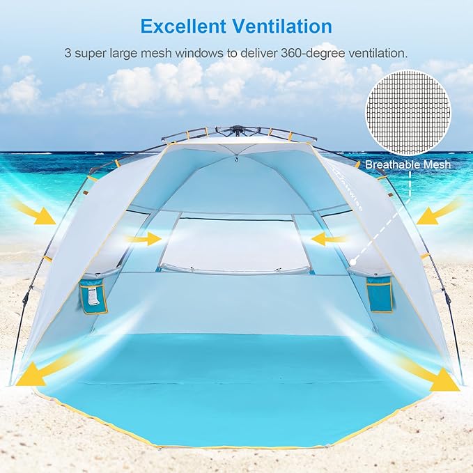 Wolfwise Instant Beach Tent Sun Shelter with Zippered Extendable Porch for Privacy, Portable Beach Tents with Carrying Bag, Easy Setup Pop up Beach Shade for 6-7 Person, 110 x57x57 in, Blue