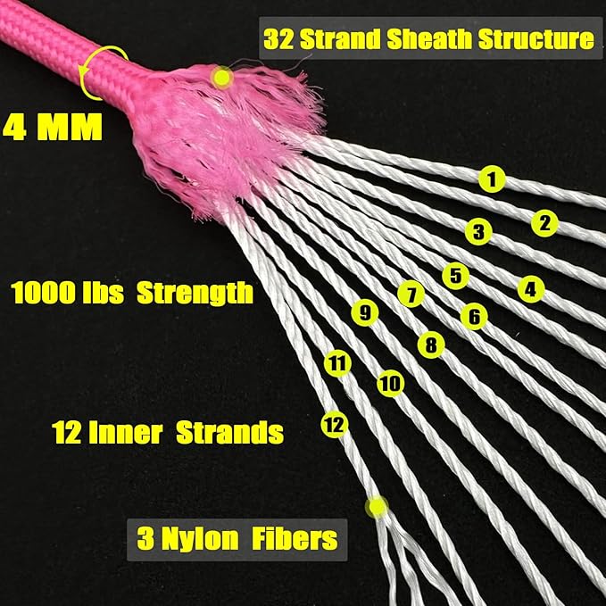 VVAAGG 1000 Paracord Rope 100FT Parachute Cord 4mm 12 Strand Nylon Rope for Camping Tent Clothsline Outdoor Hiking Fishing (Pink, 100FT)