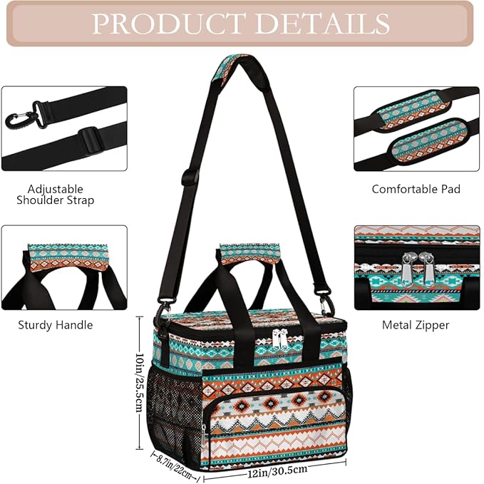 Pardick Ethnic Boho Western Soft Cooler Bag Insulated Lunch Box for Men & Women, Large Leakproof Lunch Bag Portable Beach Cooler for Work, Picnic, Road Trips,Fishing, Travel, Camping,A-1