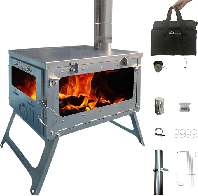 DANCHEL OUTDOOR TSG Portable TA1 Titanium Tent Wood Stove for Backpacking Camping, Collapsible Hot Tent Stove Rollable Chimney Pipe Cooking Hiking (Small/Large)