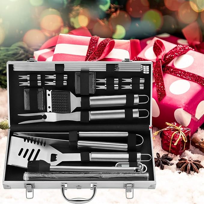 ROMANTICIST 23pcs Must-Have BBQ Grill Accessories Set with Thermometer in Case - Stainless Steel Barbecue Tool Set with 2 Grill Mats for Backyard Outdoor Camping - Father's Day Best Barbecue Gift