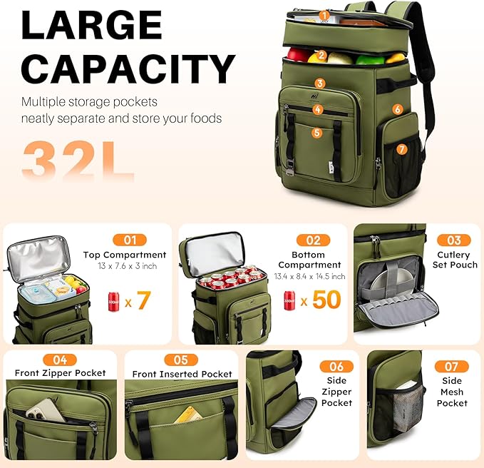 NOL Natural Organic Lifestyle Double Deck Large Waterproof Insulated Cooler Backpack for Men & Women, 32L/57 Cans Leak Proof Cooler Lunch Backpack for Picnic, Camping, Beach, Outdoor, Amy Green