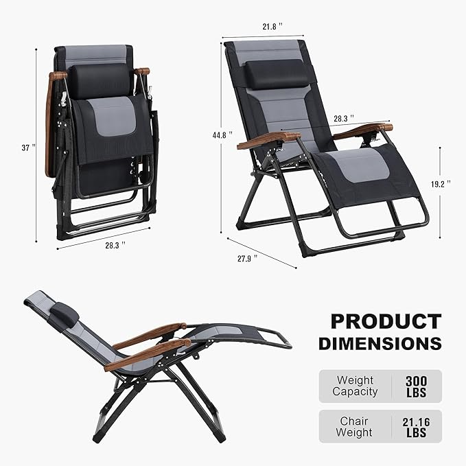 PURPLE LEAF Oversized Outdoor Reclining Chair Patio Zero Gravity Chaise Lounge Folding Chair with Quilted Cushion Adjustable Headrest for Lawn Camping Beach Pool Black and Grey