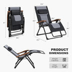 PURPLE LEAF Oversized Outdoor Reclining Chair Patio Zero Gravity Chaise Lounge Folding Chair with Quilted Cushion Adjustable Headrest for Lawn Camping Beach Pool Black and Grey