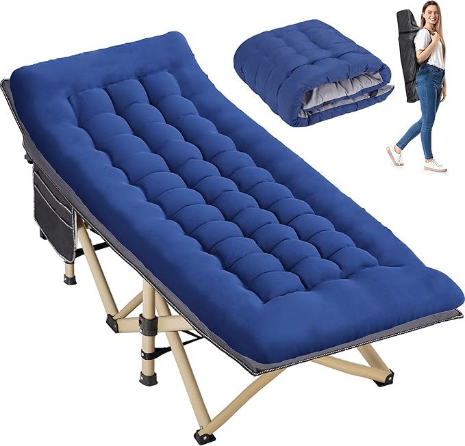 Folding Camping Cot for Sleeping, Portable Cots for Adults, Heavy Duty Cot Bed 550LBS(Max Load), Extra Wider Cots with Large Pocket for Outdoor, Office, Beach