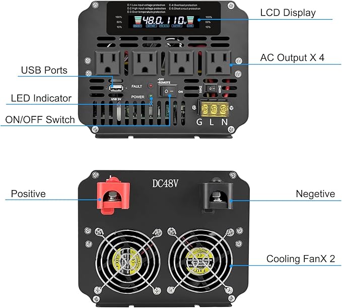 LVYUAN 5000 Watt Power Inverter 48V to 110V 120V for Vehicle, Solar Inverter System, Heavy Duty, RV, Truck, Off Grid,Camping with 4 AC Outlets, LCD Display, Wireless Remote Control, Car Power Inverter