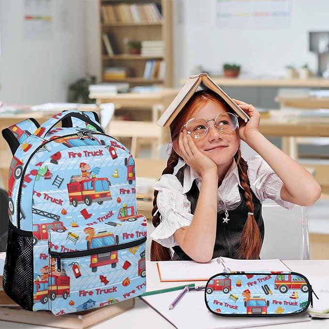 Kids Boys Backpack with Lunch Box Set, Set of 3 Fire Truck School Backpacks Matching Combo for Children Students, Toddler Bookbag and Pencil Case Bundle for Kindergarten Preschool Primary