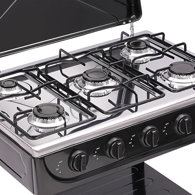 Gas Stove 5 Burner, Portable Natural Gas Stove Outdoor Camping BBQ Stove Gas Cooker with 2 Tier Storage Rack, for RV, Apartment, Outdoor Cooking (Black, 5-Burner)