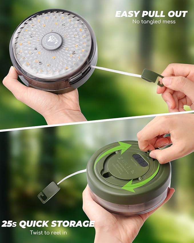 Camping String Lights, 32.8ft Retractable RGB Tent String Lights, Rechargeable LED Hanging Tent Lantern, Portable Twinkle Camp Lamp for Outdoor Backyard Patio Awning Canopy RV Essentials, Green