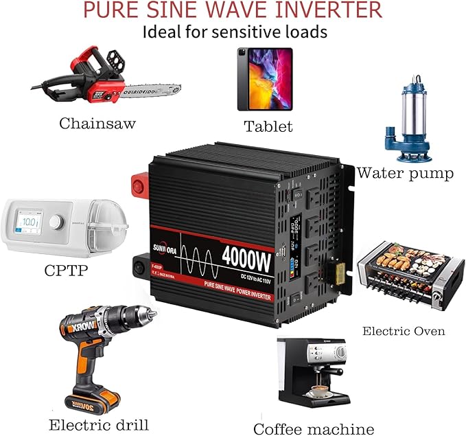 4000 Watt Pure Sine Wave Power Inverter, 12V DC to 110V/120V AC Converter 8000W Peak, with Remote Control LCD, 4 AC Outlets & USB Port & Hardwire Terminal, for Truck RV Boat Camping Solar System EPS
