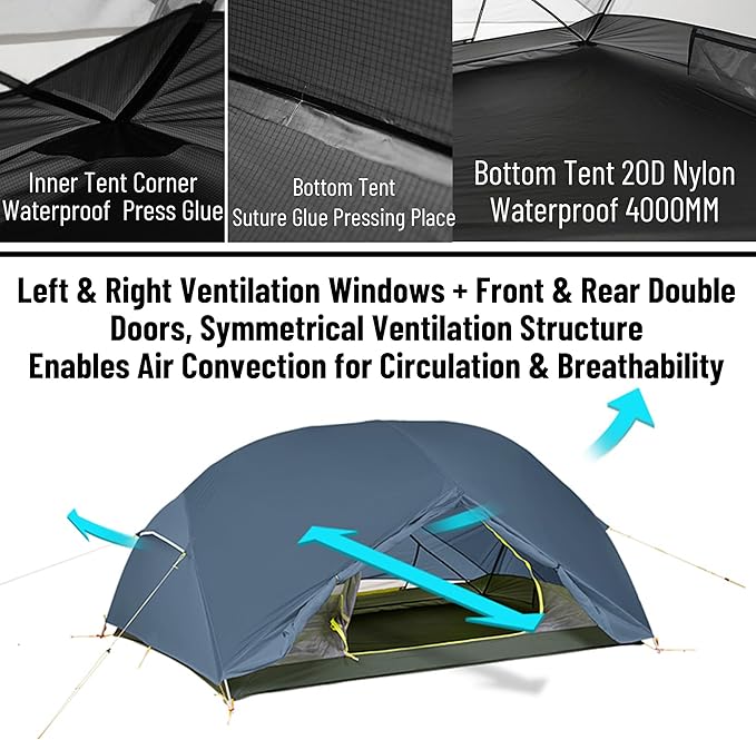 Naturehike Mongar UL Tent [2025 Upgrade] - 1-2 Person Ultralight 3 Season Camping Tent, Waterproof One Person Two Person Backpacking Tent for Hiking, Cycling, Easy Setup
